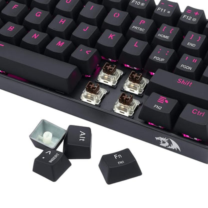 Redragon K630 Dragonborn 60% Wired Pink Single Lighting Gaming Keyboard, 61 Keys Compact Mechanical Keyboard with Brown Switch, Pro Driver Support, Black