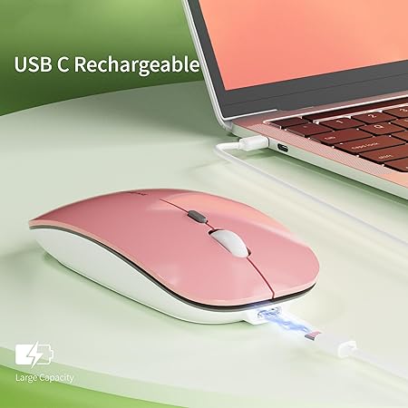 Picktech Q5 Slim Rechargeable Wireless Mouse, 2.4G Portable Optical Silent Ultra Thin Wireless Computer Mouse with USB Receiver and Type C Adapter, Compatible with PC, Laptop, Desktop (Pink)