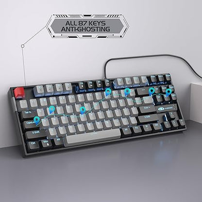 MageGee 75% Mechanical Gaming Keyboard with Blue Switch, LED Blue Backlit Keyboard, 87 Keys Compact TKL Wired Computer Keyboard for Windows Laptop PC Gamer - Grey/Black