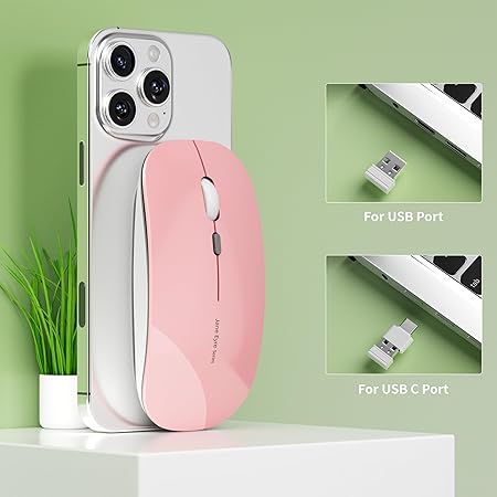 Picktech Q5 Slim Rechargeable Wireless Mouse, 2.4G Portable Optical Silent Ultra Thin Wireless Computer Mouse with USB Receiver and Type C Adapter, Compatible with PC, Laptop, Desktop (Pink)