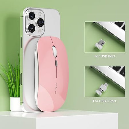 Picktech Q5 Slim Rechargeable Wireless Mouse, 2.4G Portable Optical Silent Ultra Thin Wireless Computer Mouse with USB Receiver and Type C Adapter, Compatible with PC, Laptop, Desktop (Pink)