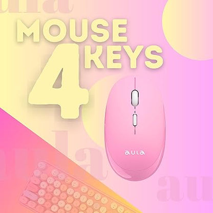 Aula AC306 Wireless Keyboard with Retro Keys and 1600 DPI Mouse Combo | 2.4GHz Wireless Keyboard with Mouse Combo for Desktop/Laptop and Devices with USB Support (Mix Pink)