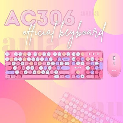 Aula AC306 Wireless Keyboard with Retro Keys and 1600 DPI Mouse Combo | 2.4GHz Wireless Keyboard with Mouse Combo for Desktop/Laptop and Devices with USB Support (Mix Pink)