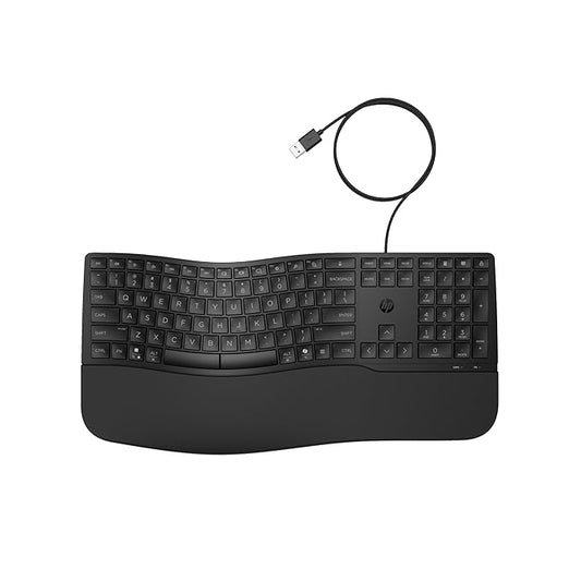 HP 480 Comfort Wired Keyboard, USB-A connectivity, 23 programmable Keys, Microsoft Copilot, Cushioned Palm Rest, Adjustable tilt, Spill Resistant, 1-Year Limited Warranty, Black