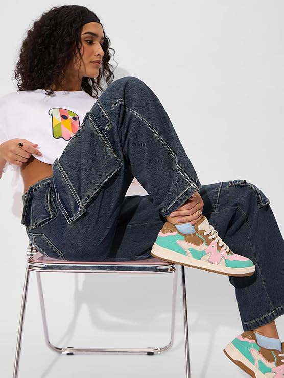 The Souled Store Cargo Jeans: Deep Blue Women and Girls Buttoned Cotton Blend Baggy Fit Jeans