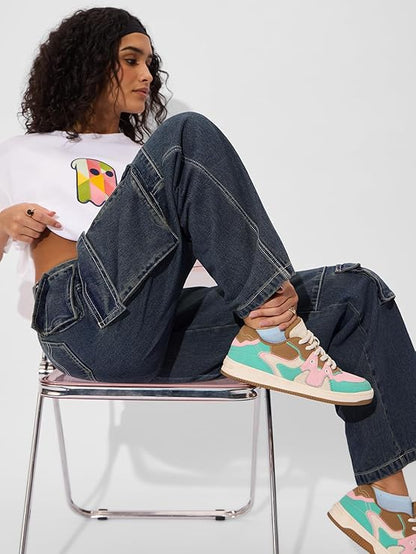 The Souled Store Cargo Jeans: Deep Blue Women and Girls Buttoned Cotton Blend Baggy Fit Jeans