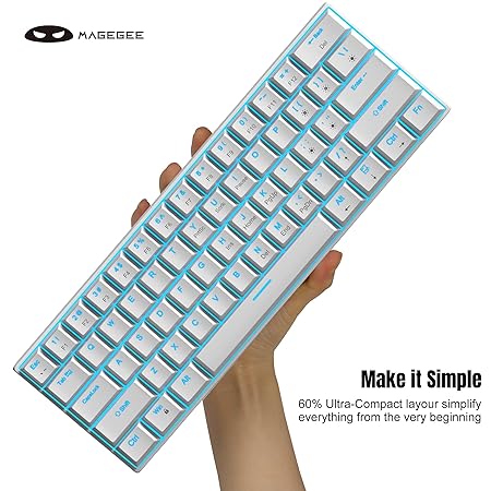 MageGee 60 Percent Mechanical Gaming Keyboard, White Gaming Keyboard With Red Switches, Detachable Type-C Cable 60% Mini Keyboard With Powder Blue Light For Windows/Mac/Pc/Laptop, Wired