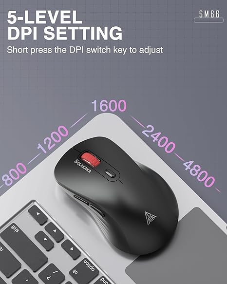 SOLAKAKA SM66 Silent Dual Mode 2.4GHz Wireless Mouse, 4800 DPI, Rechargeable, 2 Side Buttons, Black