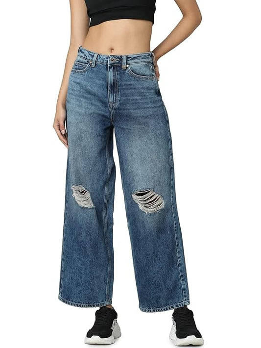 ONLY Women Blue Wide Leg High-Rise Highly Distressed Light Fade Jeans