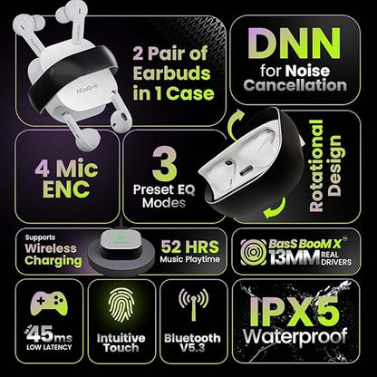 ACwO Dwots Fire India's First in Ear + Half-in-Earbuds in One Case, 3+3 EQ Modes, Wireless Charging Enabled, AI-ENC with Quad Mic (3 Color options)