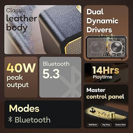 Boult Newly Launched Retroamp Z40 with 40W Bluetooth Speaker with Dual Dynamic Drivers, 14Hrs Playtime (Royal Gold)