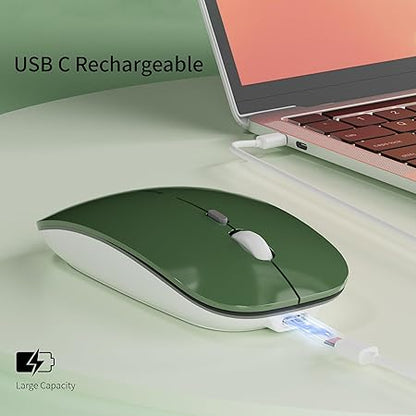 Q5 Slim Rechargeable Wireless Mouse, 2.4G Portable Optical Silent Ultra Thin Wireless Computer Mouse with USB Receiver and Type C Adapter, Compatible with PC, Laptop, Desktop (Blackish Green)