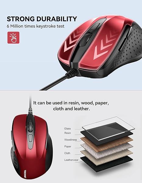 TECKNET USB Wired 6-Button Mouse With 4 Adjustable DPI, Optical Computer With Ergonomic Design and 5FT Cord for Laptop, Chromebook, PC, Desktop, Mac, Notebook - Red