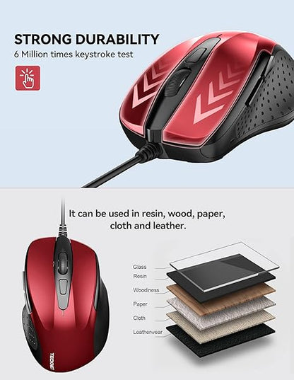TECKNET USB Wired 6-Button Mouse With 4 Adjustable DPI, Optical Computer With Ergonomic Design and 5FT Cord for Laptop, Chromebook, PC, Desktop, Mac, Notebook - Red
