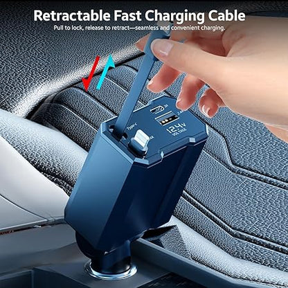 AMPERE 93W Retractable Car Charger - 4 in 1 Fast Car Charger with USB-C & Lightning Cables & Dual USB Ports (Type-C PD & USB-A)