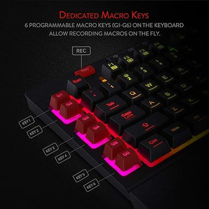 Redragon Shiva K512 RGB Backlit Membrane Wired Gaming Keyboard with Multimedia Keys, 6 Extra On-Board Macro Keys, Dedicated Media Control, Detachable Wrist Rest- Black