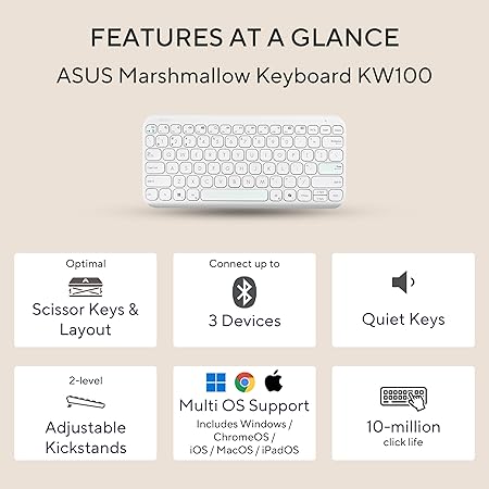 ASUS Marshmallow KW100 Wireless Keyboard – Iridescent White | Silent Scissor Keys, Compact Design, 2-Year Battery Life, Compatible with Windows/Mac/Chrome/iOS/with Dedicated Copilot Key