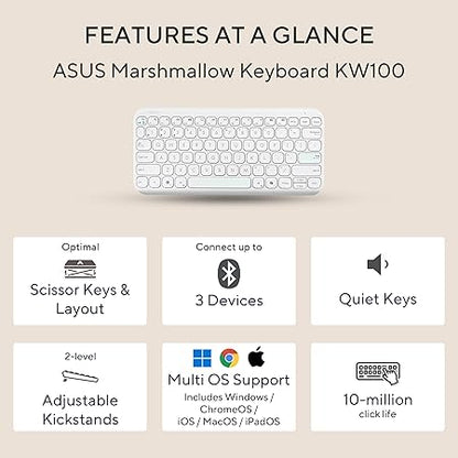 ASUS Marshmallow KW100 Wireless Keyboard – Iridescent White | Silent Scissor Keys, Compact Design, 2-Year Battery Life, Compatible with Windows/Mac/Chrome/iOS/with Dedicated Copilot Key