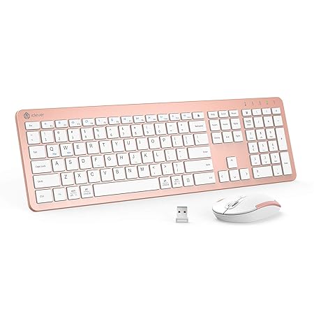 iClever USB Wireless Keyboard and Mouse Set GK08 - Rechargeable Wireless Keyboard Full Size Design with Number Pad, 2.4G Stable Connection Slim GK08 Keyboard Mouse Combo, Rose Gold