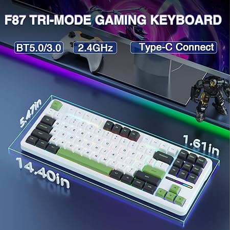 AULA F87 Wireless Mechanical Keyboard | 75% TKL Gasket Custom Hot Swappable, 2.4Ghz/Type-C/Bluetooth Gaming Keyboard | Pre-lubed Switch RGB Backlit Keyboard (Green+White, Gray Wood Switch)