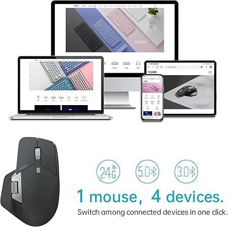 Rapoo MT760L Wireless Bluetooth Mouse, Ergonomic Design, 4 Adjustable DPI, 8 Programmable Buttons, 90 Days Battery Life, Matte Black