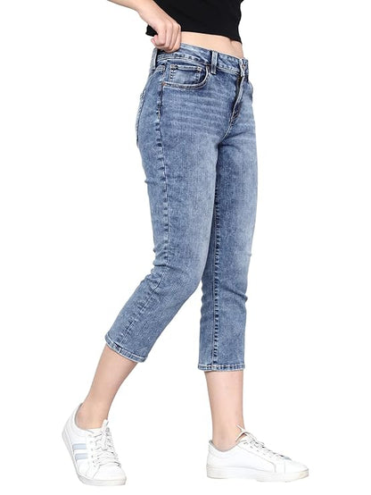 HAPPENING Plus Size Women -Curvy Slim Fit Stretch Denim Capri/Cropped Jeans- MID Rise -Above Ankle-Mid Blue - Waist Size 30(M) / 48(8XL) inch