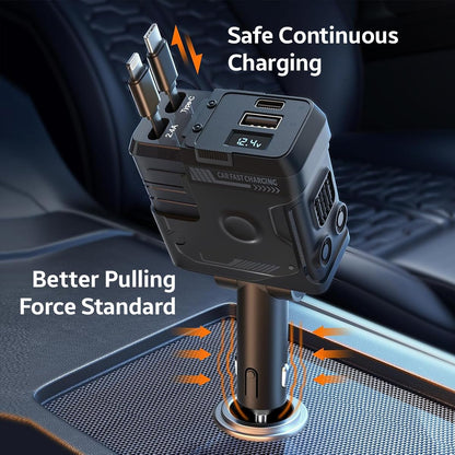AMPERE 66W Retractable Car Charger - 4 in 1 Fast Car Charger with USB-C & Lightning Cables & Dual USB Ports (Type-C PD & USB-A)