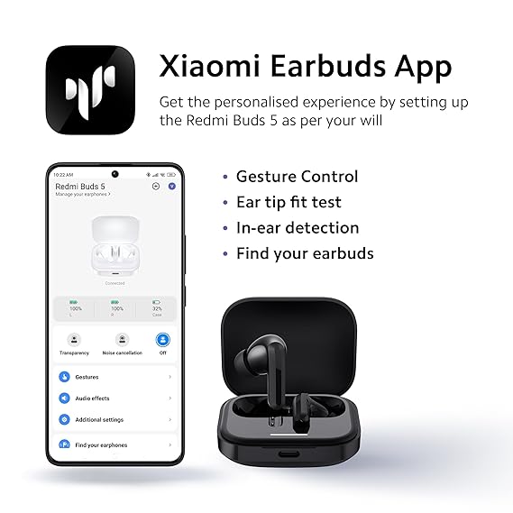 Redmi Buds 5 Bluetooth TWS Earbuds, Up to 46dB Hybrid Noise Cancellation, Up to 38Hrs Playback (3 color options)