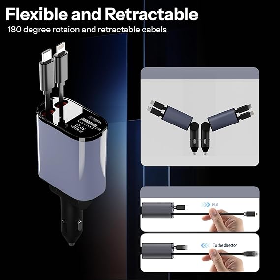 AILKIN 120W 4 in 1 Retractable Car Charger, Super Fast Charge Car Phone Charger, Retractable Cables & 2 USB Ports Car Adapter (Grey)