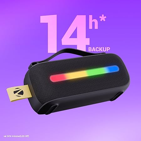 ZEBRONICS Sound Feast 80, Portable Bluetooth Speaker, 20 Watts, Upto 14h Backup, Bluetooth | USB, Included Wireless Microphone, Detachable Carry Strap