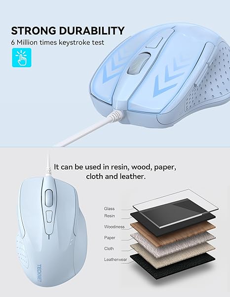 TECKNET Wired Mouse, 6-Button Corded with 4 Adjustable DPI, Optical Mouse with Ergonomic Design and 5FT Cord for Laptop, Chromebook, PC, Desktop, Mac, Notebook - LT.Blue