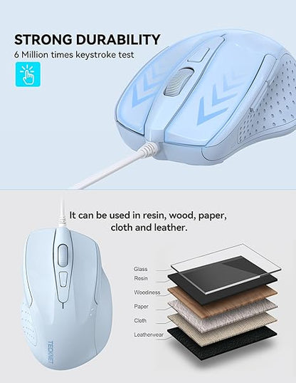 TECKNET Wired Mouse, 6-Button Corded with 4 Adjustable DPI, Optical Mouse with Ergonomic Design and 5FT Cord for Laptop, Chromebook, PC, Desktop, Mac, Notebook - LT.Blue