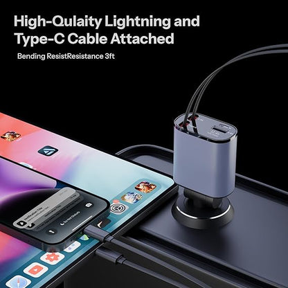 AILKIN 120W 4 in 1 Retractable Car Charger, Super Fast Charge Car Phone Charger, Retractable Cables & 2 USB Ports Car Adapter (Grey)