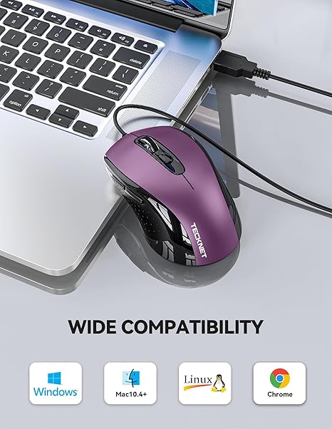 TECKNET USB Wired Mouse, 3600DPI Corded Computer Mouse with 4 Adjustable Levels, 6-Button 5FT Cord Ergonomic Mice, Home and Office Mouse for Laptop PC Desktop Notebook - Purple