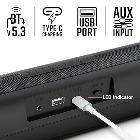 ZEBRONICS VITA BAR 200, Mini Soundbar, 24 Watts, 8* Hours Backup, Supports Bluetooth | USB | AUX (Multicolor LED)