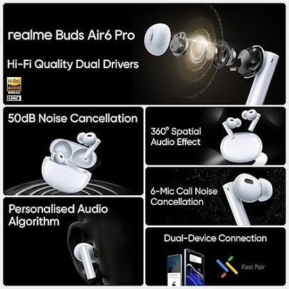 realme in Ear Buds Air 6 Pro with Dual Drivers (11Mm+6Mmtweeter), 40 Hours Play Time, 50 Db ANC (3 Color options)