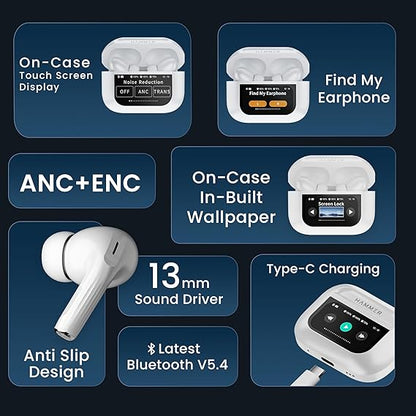 HAMMER Screen TWS, ANC (32dB), Smart Touch Display True Wireless Buds, Type-C Fast Charging, Bv5.4 (White)