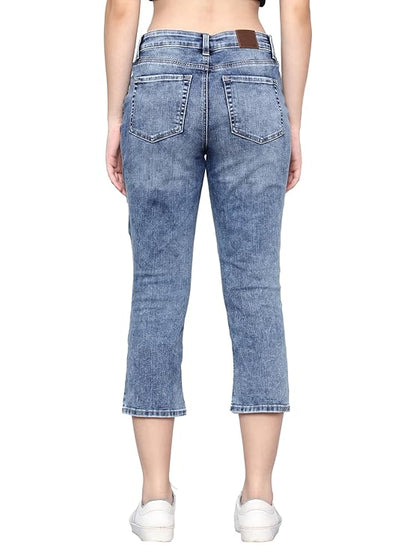 HAPPENING Plus Size Women -Curvy Slim Fit Stretch Denim Capri/Cropped Jeans- MID Rise -Above Ankle-Mid Blue - Waist Size 30(M) / 48(8XL) inch