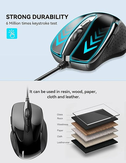 TECKNET 6-Button USB Wired Mouse with Side Buttons, Optical Computer Mouse with 1000/2000DPI, Ergonomic Design, 5ft Cord, Support Laptop Chromebook PC Desktop Mac Notebook-Black