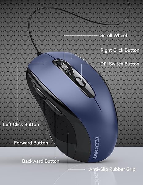 TECKNET USB Wired Mouse, 3600DPI Corded Computer Mouse with 4 Adjustable Levels, 6-Button 5FT Cord Ergonomic Mice, Home and Office Mouse for Laptop PC Desktop Notebook - Blue