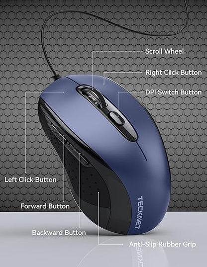 TECKNET USB Wired Mouse, 3600DPI Corded Computer Mouse with 4 Adjustable Levels, 6-Button 5FT Cord Ergonomic Mice, Home and Office Mouse for Laptop PC Desktop Notebook - Blue