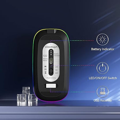 Uiosmuph LED Wireless Mouse, G12 Slim Rechargeable Wireless Silent Mouse, 2.4G Portable USB Optical Wireless Computer Mice with USB Receiver and Type C Adapter (Matte Black)