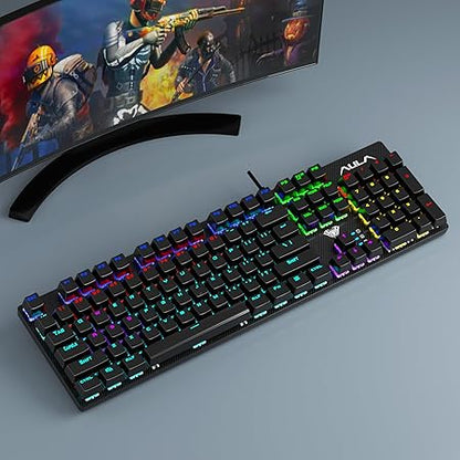 AULA S2022 Mechanical Wired Gaming Keyboard | Rainbow LED Backlit with Num Lock for Windows PC | 4 Kind of Rainbow Backlight Gaming Keyboard (Black)