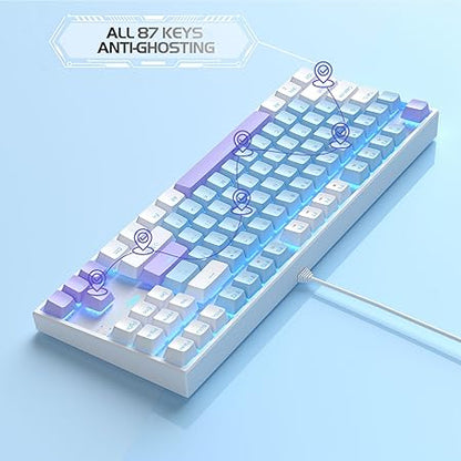 MageGee 75% Mechanical Gaming Keyboard with Blue Switch, LED Blue Backlit, 87 Keys Compact TKL Wired Computer Keyboard for Windows Laptop PC Gamer - Blue/White