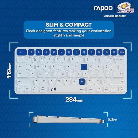 Rapoo E9050L Mumbai Indians Compact Wireless Keyboard – 78-Key, Slim 5.3mm, Multi-Mode (BT 4.0/5.0 & 2.4GHz), FN Hotkeys, Aluminum Alloy, Rechargeable, Win/Mac
