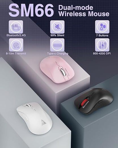 SOLAKAKA SM66 Pink Silent Dual Mode 2.4GHz Wireless Mouse, Adjustable 4200 DPI,Rechargeable Wireless Computer Mouse for PC Mac Laptop, Desktop