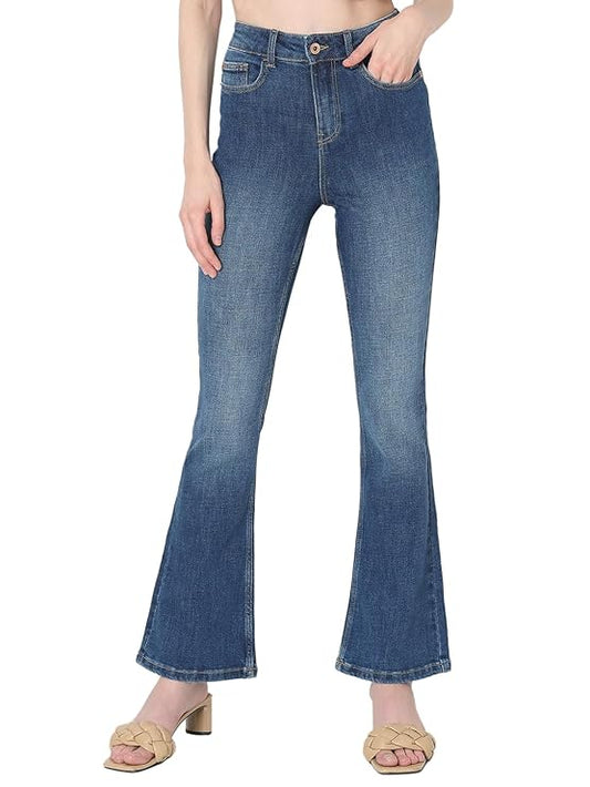 VERO MODA Women High Rise High Waist Bootcut Flared Jeans | Wide Leg Bell Bottom Denim | Stretchy & Stylish Retro Look