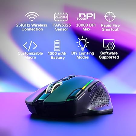 Redragon M810 Pro Wireless Gaming Mouse, 10000 DPI Wired/Wireless Gamer Mouse w/Rapid Fire Key, 8 Macro Buttons, 45-Hour Durable Power Capacity and RGB Backlit for PC/Mac/Laptop
