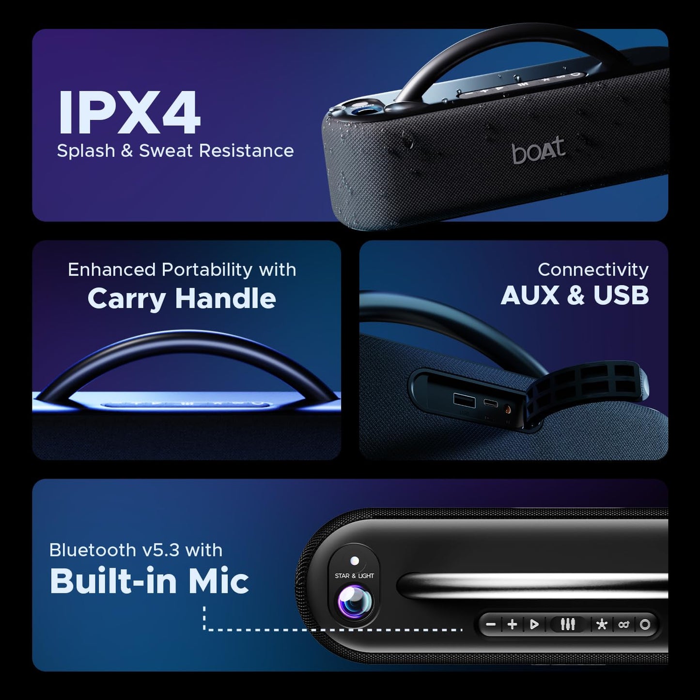boAt Stone Lumos 60W Bluetooth Speaker w/ 7 LED Projection Modes, Hearables App Support, Dual EQs, Up to 9hrs of Playtime (Midnight Black)