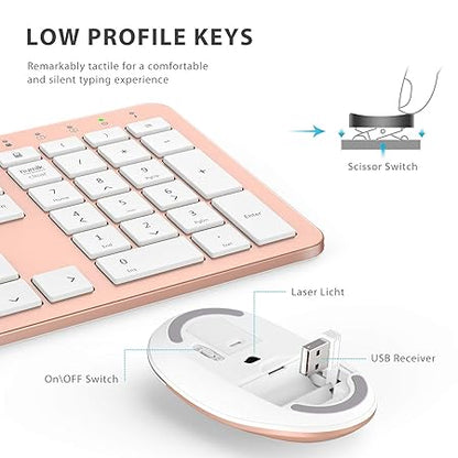 iClever USB Wireless Keyboard and Mouse Set GK08 - Rechargeable Wireless Keyboard Full Size Design with Number Pad, 2.4G Stable Connection Slim GK08 Keyboard Mouse Combo, Rose Gold